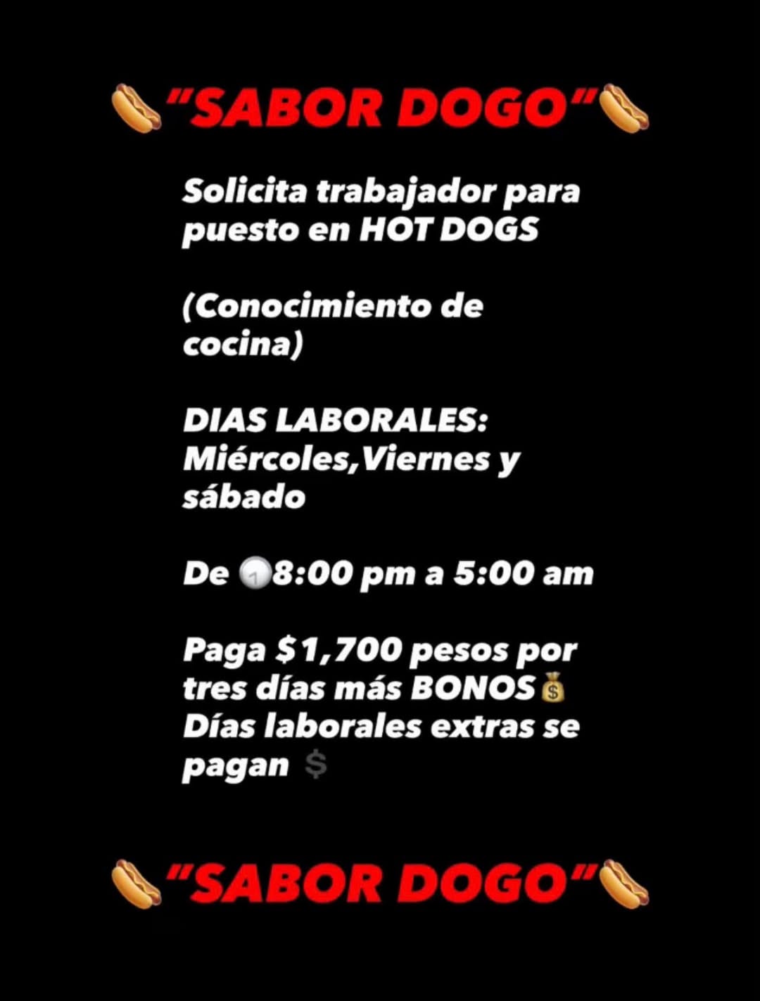 Trabajador para puesto en Hot Dogs